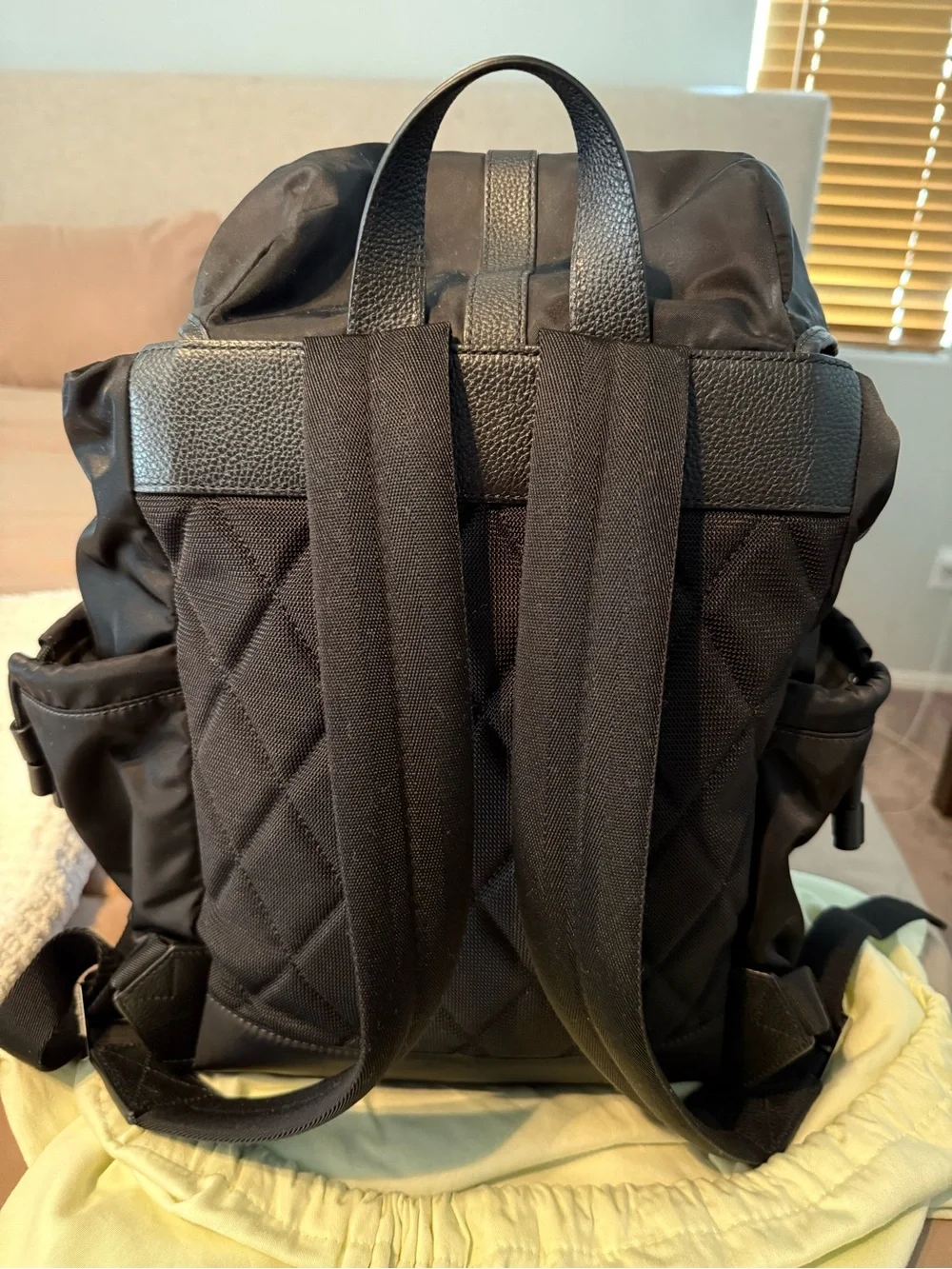 AUTHENTIC Burberry Diaper Bag Backpack. With Black nylon and leather trim.